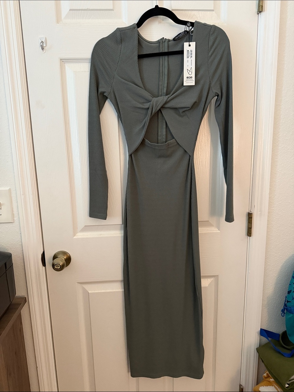 NWT MINKPINK Yoko Midi Dress, Ribbed Knit in Sage, XS